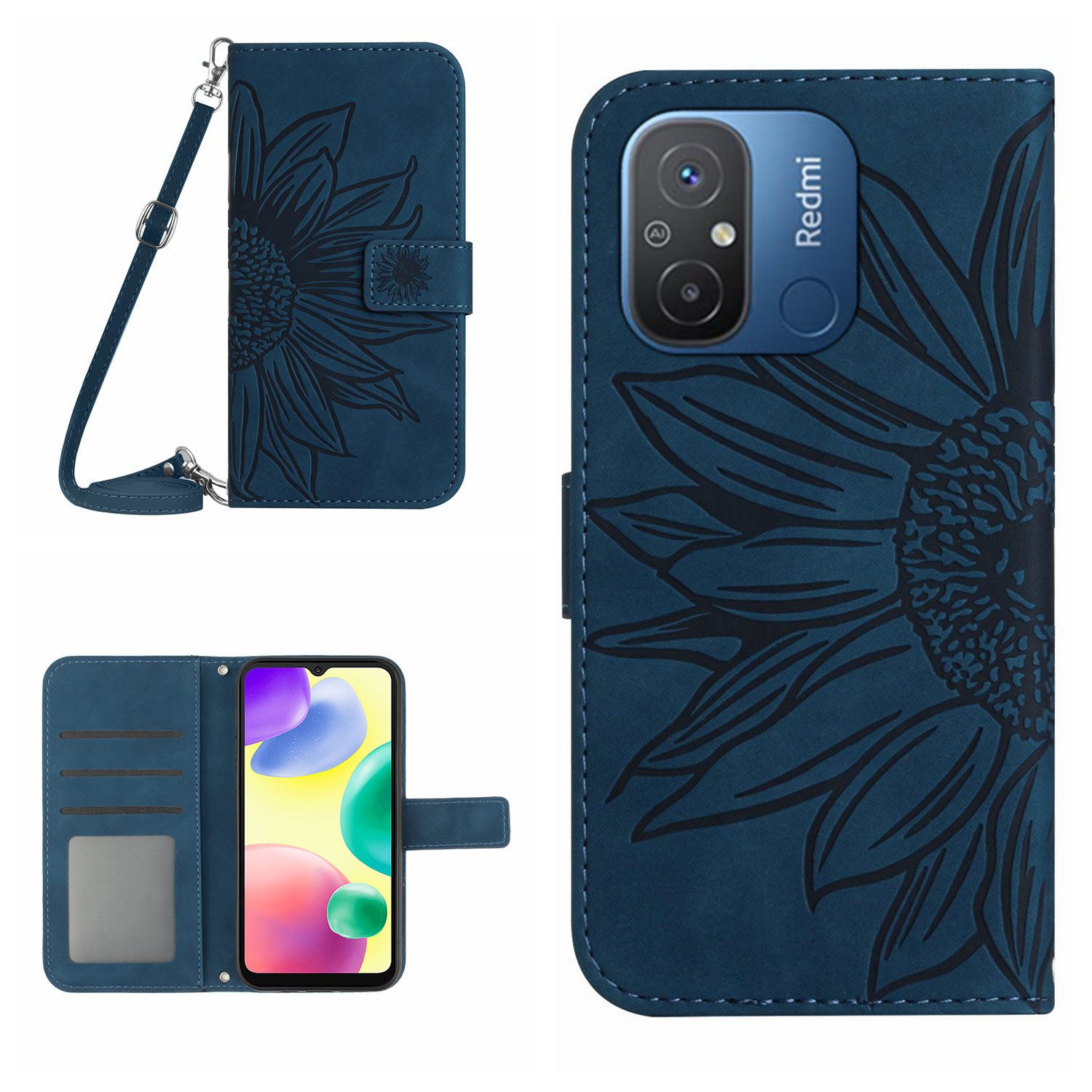 HT04 Leather Cover for Xiaomi Redmi 11A 4G 12C 4G Sunflower Imprinted Stand Wallet Phone Case with Shoulder Strap HT04 Leather Cover for Xiaomi Redmi 11A 4G 12C 4G Sunflower Imprinted Stand Wallet Phone Case with Shoulder Strap